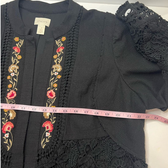 BOHO Chicos 3 Black Floral Embroidered Lace Beaded Eyelet Open Front Blazer XL - Picture 6 of 7